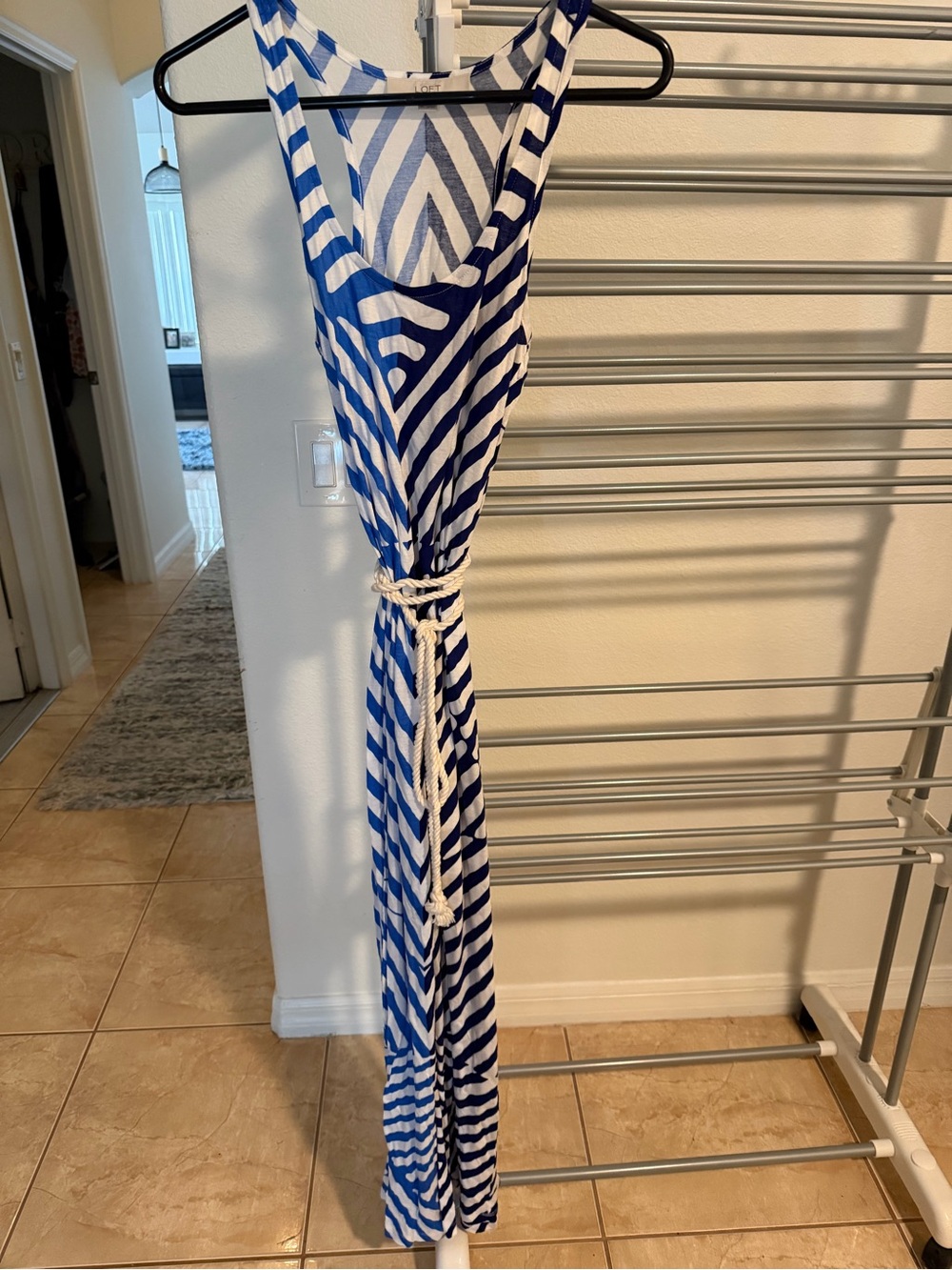 Loft Sleeveless Blue and White Striped Maxi Dress with Rope Belt